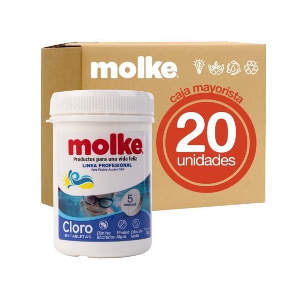 Cloro en tabletas para piscinas pote 1 kg caja 20 uds